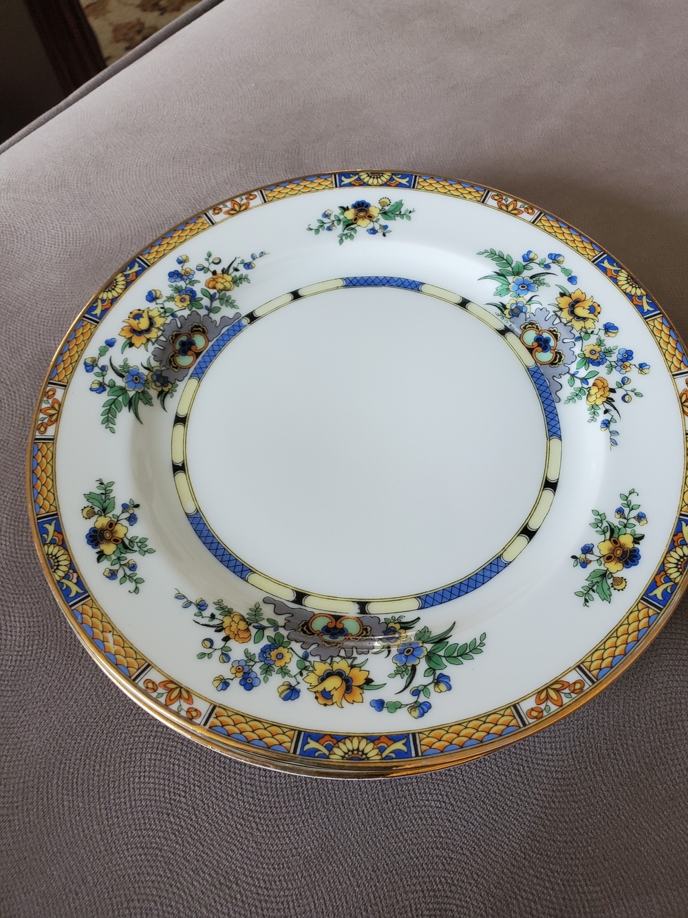 Porcelain Salad  Plate with Yellow & Blue Floral Motif and Gold Rim